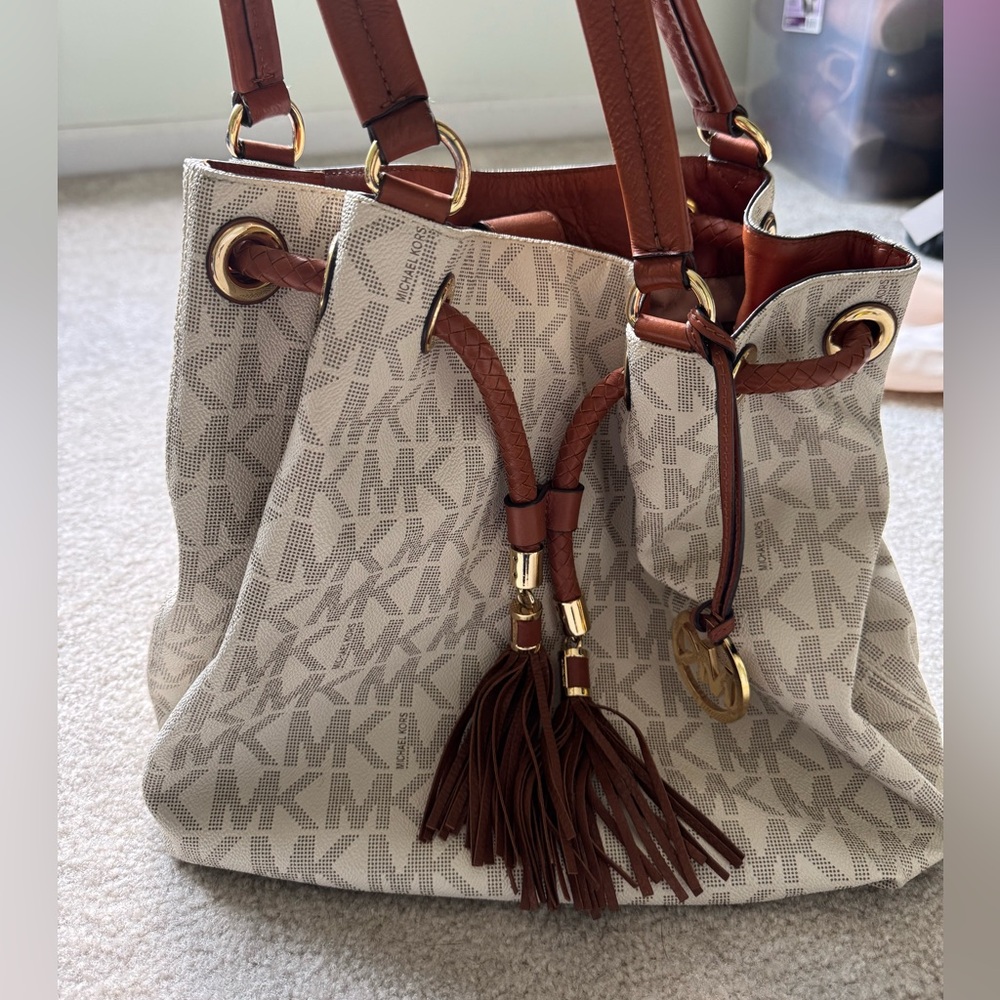 Michael Kors Cream and Brown Logo Shoulder Bag